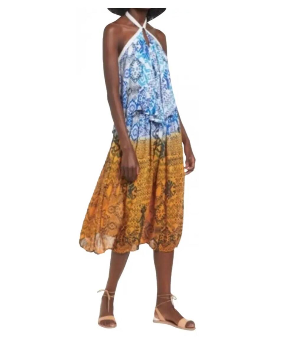 RAGA | Blue and Mustard Boho Tiered Midi Halter Neck Ruffle Sundress | Small